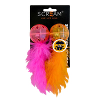 Scream Lattice Ball w/ Feather Cat Toy Loud Orange & Pink 2 Pack