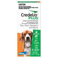 Credelio Plus Ticks Fleas & Worms Treatment Chew Tabs for Dogs 5.5-11kg Orange 3 Pack