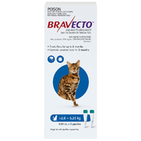 Bravecto Cat 3 Month Spot On Tick & Flea Treatment 2.8-6.25kg Medium Blue 2 Pack