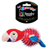 Spunky Pup Parrot in Clear Spiky Ball Plush Dog Squeaker Toy