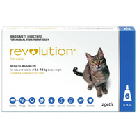 Revolution 2.6-7kg Cat Parasite Wormer Treatment Tube Blue 6 Pack (W)