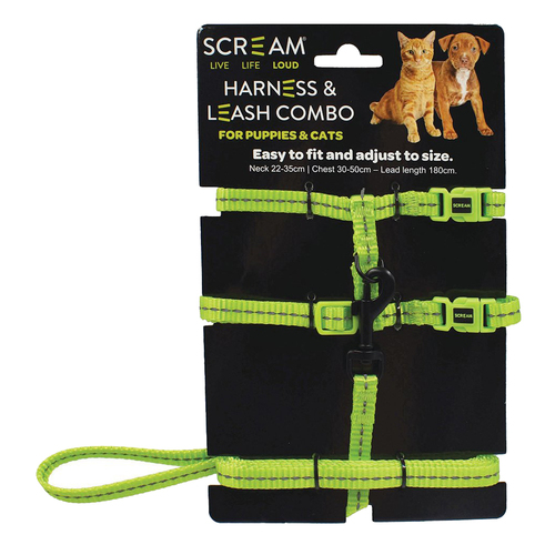 Scream Reflective Adjustable Harness & Leash Combo for Puppies & Cats Loud Green