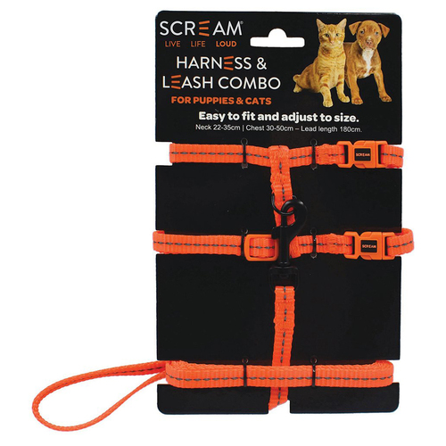 Scream Reflective Adjustable Harness & Leash Combo for Puppies & Cats Loud Ornge