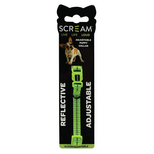 Scream Reflective Adjustable Nylon Puppy Collar Loud Green 1 x 19-31cm