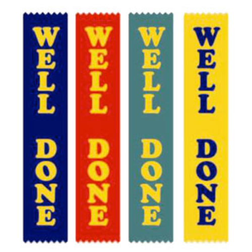 BUFFALO SPORTS 100 WELL DONE RIBBONS - MULTIPLE COLOURS - ATTACHED SAFETY PINS