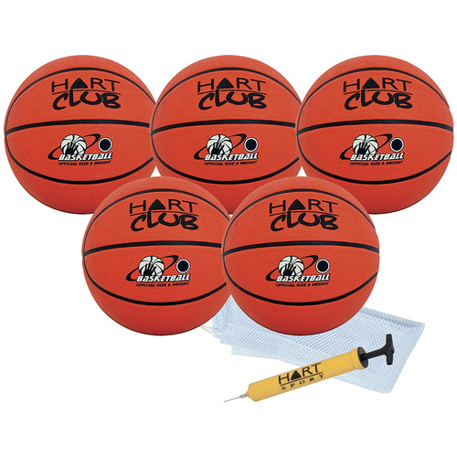HART CLUB BASKETBALL PACK - PACK OF 5 BASKETBALLS - 1 CARRY NET & 1 HAND PUMP