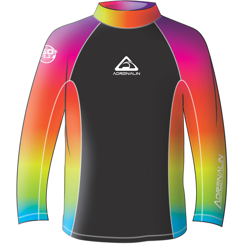 NEW ADRENALIN JUNIOR RAINBOW LONG SLEEVE LYCRA RASH TOP - UPF 50+ RATING