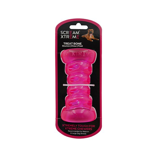 Scream Xtreme Treat Bone Treat Dispensing Dog Toy Loud Pink Medium/Large 13cm