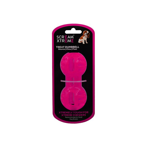 Scream Xtreme Treat Dumbbell Treat Dispensing Dog Toy Loud Pink Small 11.5cm