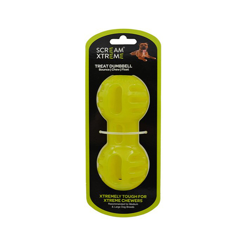Scream Xtreme Treat Dumbbell Treat Dispensing Dog Toy Loud Green Med/Lge 14cm