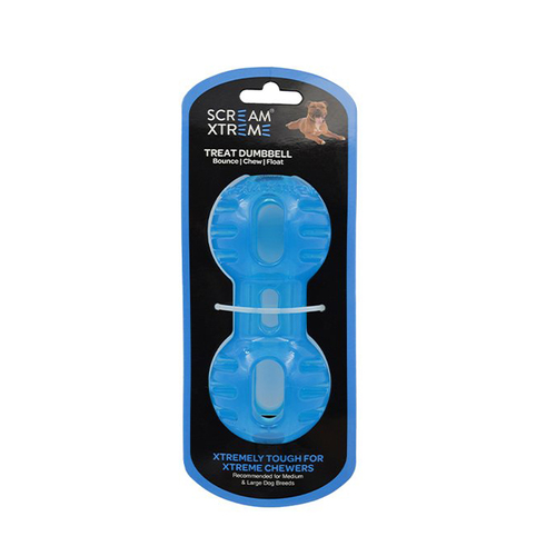 Scream Xtreme Treat Dumbbell Treat Dispensing Dog Toy Loud Blue Med/Lge 14cm