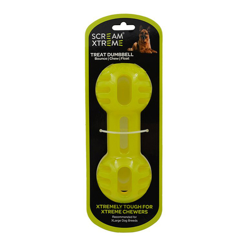 Scream Xtreme Treat Dumbbell Treat Dispensing Dog Toy Loud Green XL 20cm