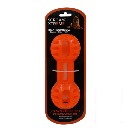 Scream Xtreme Treat Dumbbell Treat Dispensing Dog Toy Loud Orange XL 20cm