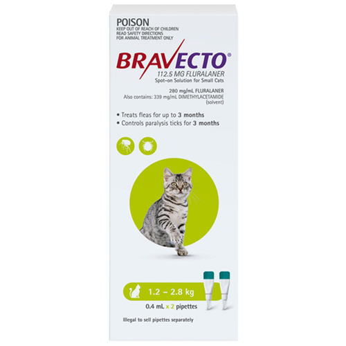 Bravecto Cat 3 Month Spot On Tick & Flea Treatment 1.2-2.8kg Small Green 2 Pack
