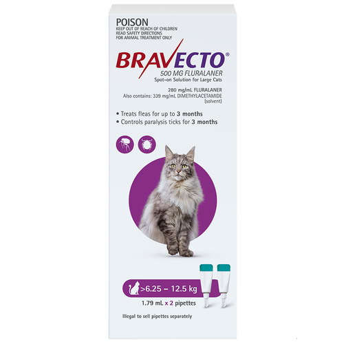 Bravecto Cat 3 Month Spot On Tick & Flea Treatment 6.25-12.5kg Large Purple 2 Pack