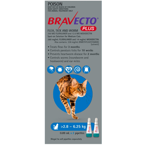 Bravecto Plus Cat 4 Month Spot On Tick & Flea Treatment 2.8-6.25kg Medium Blue