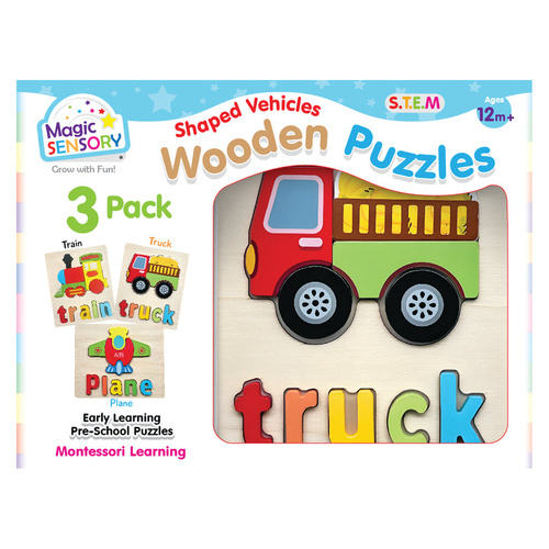 Magic Sensory Shaped Vehicles Wooden Puzzles Triple Pack