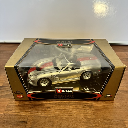 Burago Shelby Series 1 1999 Silver Red Stripes 1:18 Diecast Model Car