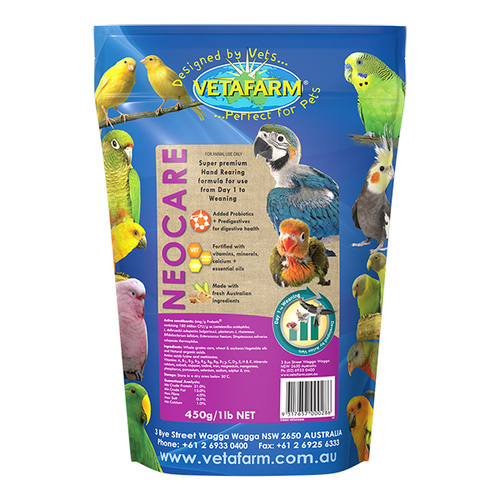 Vetafarm Neo Care Baby Bird Parrot Hand Rearing Formula Food 450g 