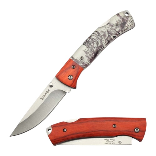 Elk Ridge Wolf & Wooden Bolster with Wolf Scene Handle Pocket Knife