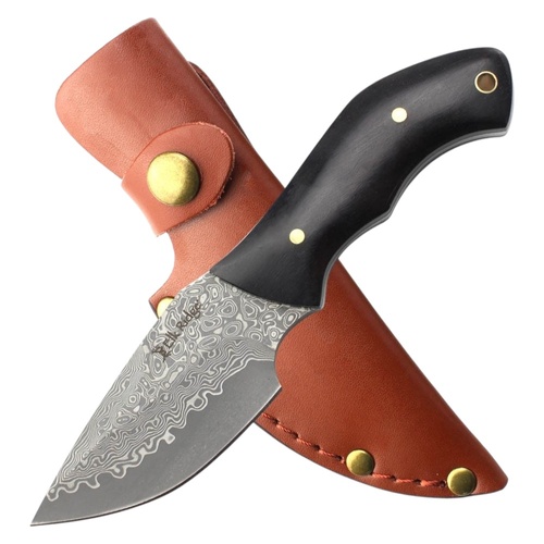 Elk Ridge Damascus Knife with Wooden Handle incl Leather Sheath