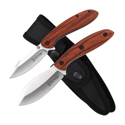 Elk Ridge Fixed & Folding Wood Handle Hunting Knife Set incl Sheath