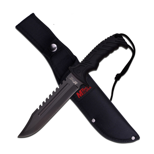 M-Tech USA Black Rubber Handle Sawback Knife with Sheath (K-MT-20-57BK)