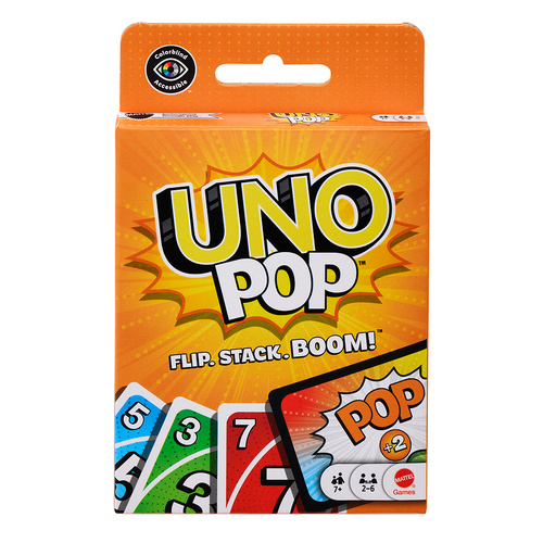 Uno Pop Flip Stack Boom! Fast-Paced Card Game 2-6 Players Ages 7+