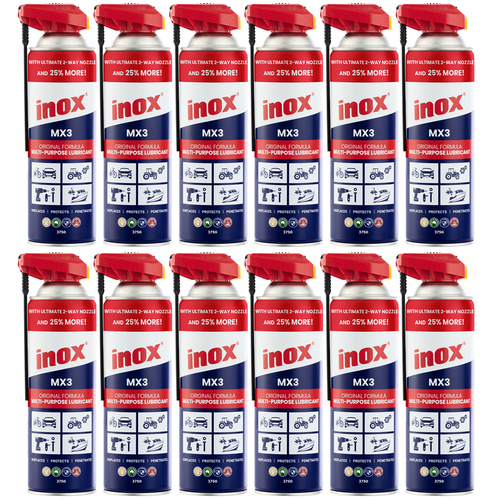 12 Pack Inox MX3 Multi-Purpose Lubricant Aerosol Spray 2-Way Nozzle 375g