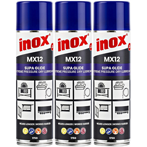 3 Pack Inox MX12 PTFE Supa Glide Extreme Pressure Dry Lubricant Aerosol 175g