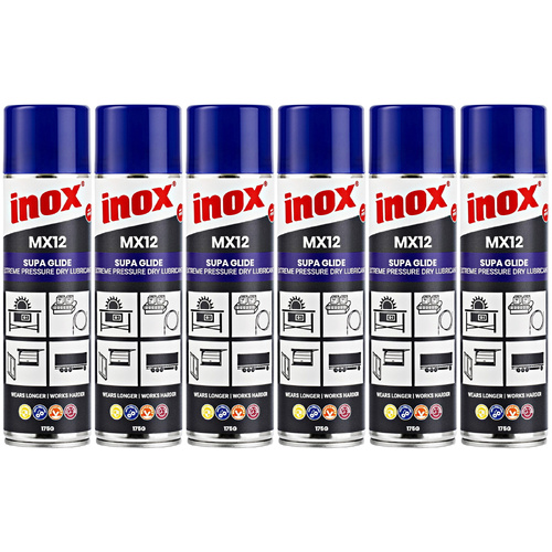 6 Pack Inox MX12 PTFE Supa Glide Extreme Pressure Dry Lubricant Aerosol 175g