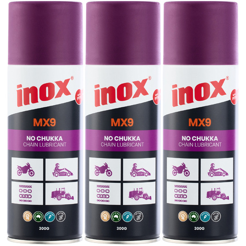 3 Pack Inox MX9 No Chukka Dry Chain Lubricant Aerosol Spray 300g