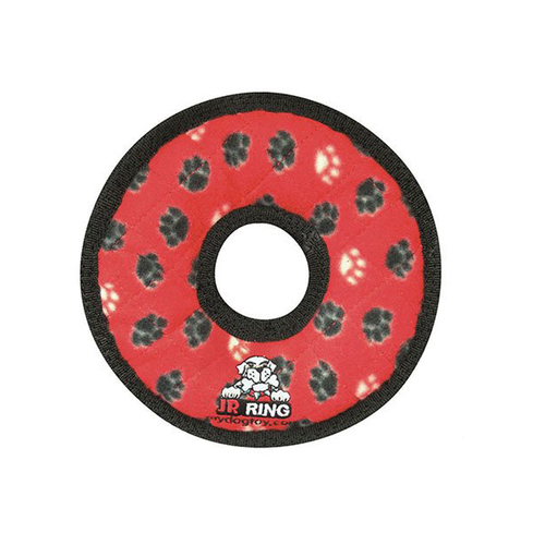 Tuffy Jr Ring Interactive Play Plush Dog Squeaker Toy Red Paw Print