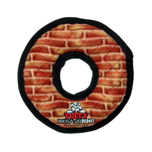 Tuffy Mega Jr Ring Interactive Play Dog Squeaker Toy Brick Print