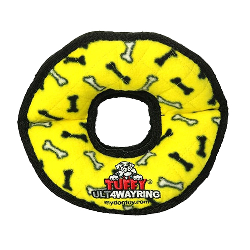 Tuffy Ultimate 4-Way Ring Interactive Play Dog Squeaker Toy Yellow Bones