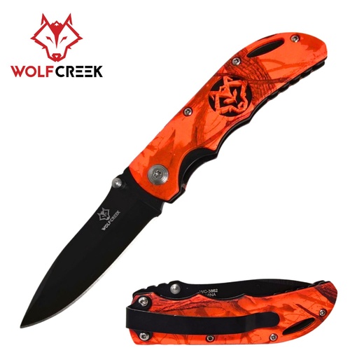 Wolf Creek Hi Vis Orange Camo Handle Pocket Knife 160mm (WC-3862)